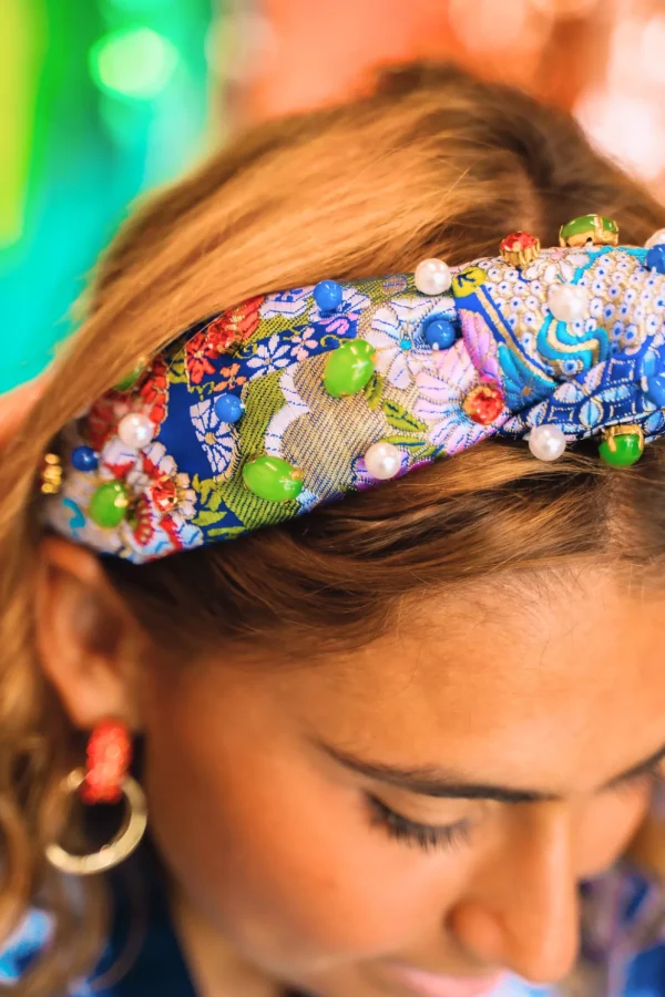 Adult Size Blue & Gold Floral Silk Headband with Cabochons & Crystals-Brianna Cannon Sale