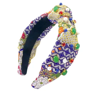 Adult Size Blue & Gold Floral Silk Headband with Cabochons & Crystals-Brianna Cannon Sale