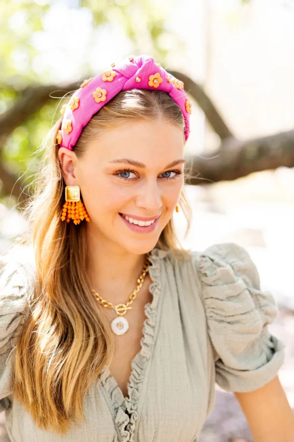 Adult Size Bubble Gum Pink Headband with Orange Flowers-Brianna Cannon Sale