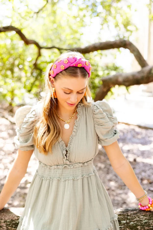 Adult Size Bubble Gum Pink Headband with Orange Flowers-Brianna Cannon Sale