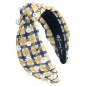 Adult Size Gold and Navy Gingham PCA Logo Headband With Pearls-Brianna Cannon Hot