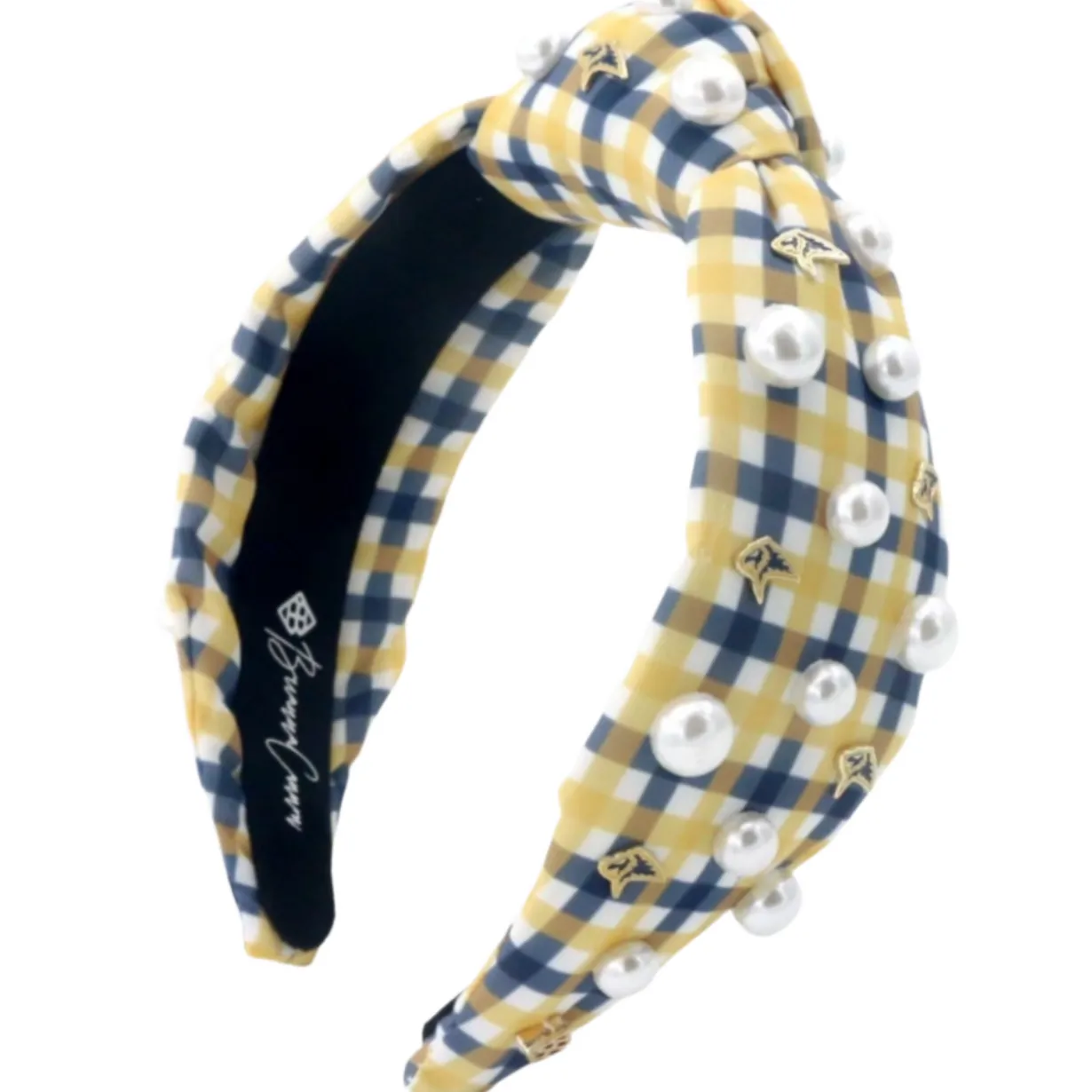 adult_size_gold_and_navy__1.webp Adult Size Gold and Navy Gingham PCA Logo Headband With Pearls-Brianna Cannon Hot