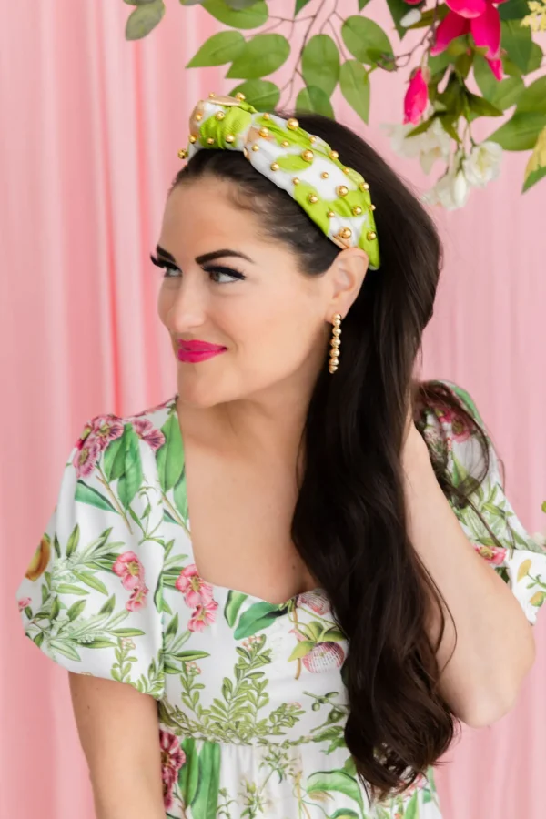 Adult Size Lime Green, White & Gold Headband With Gold Beads-Brianna Cannon Clearance