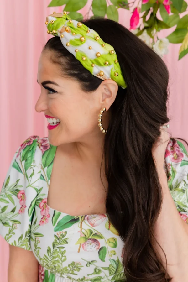 Adult Size Lime Green, White & Gold Headband With Gold Beads-Brianna Cannon Clearance