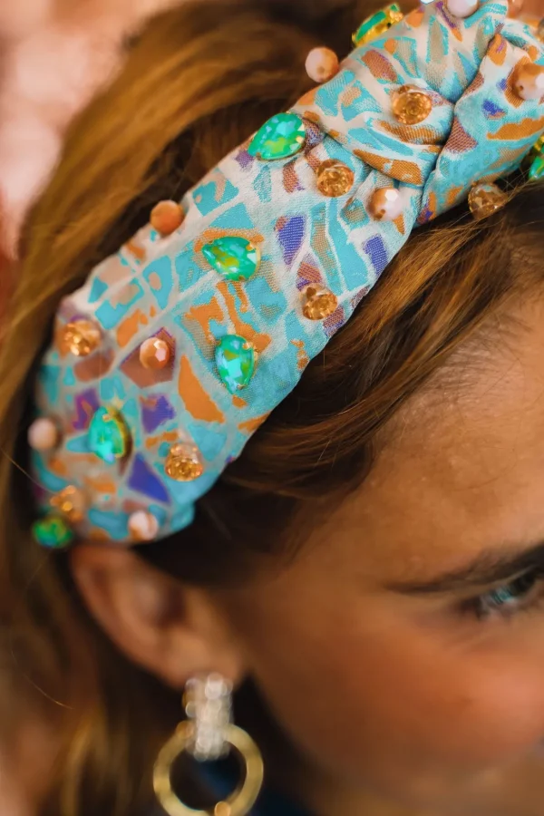 Adult Size Mosaic Headband with Blue & Orange Crystals-Brianna Cannon New