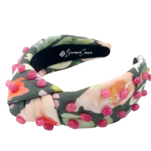 Adult Size Mossy Floral Headband with Pink Beads-Brianna Cannon Fashion