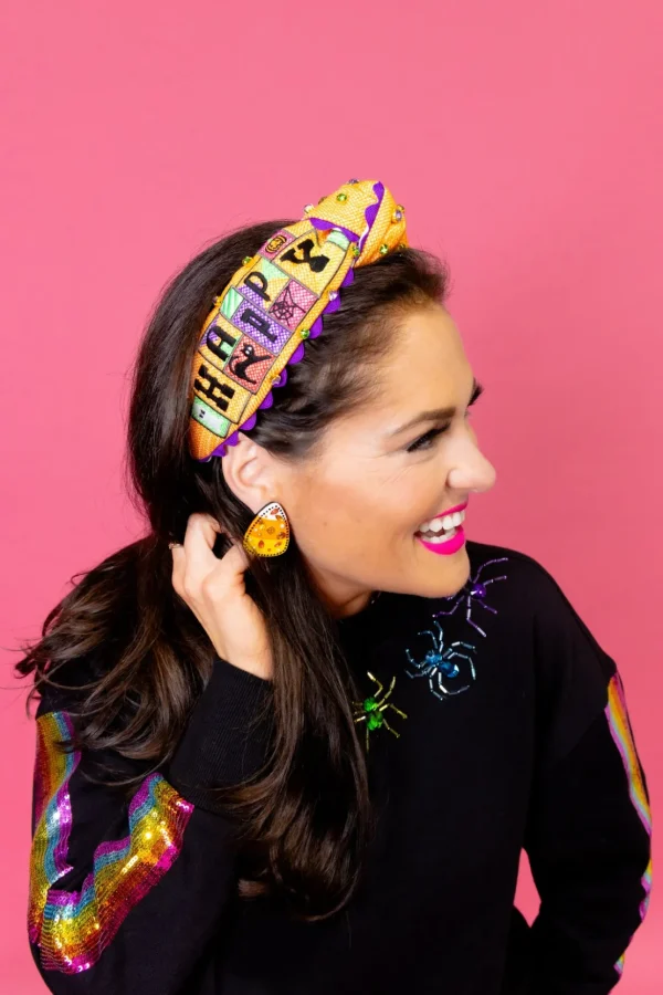 Adult Size Orange Cross-Stitch Embroidered Halloween Headband with Crystals-Brianna Cannon Hot