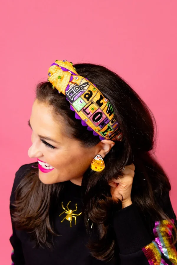 Adult Size Orange Cross-Stitch Embroidered Halloween Headband with Crystals-Brianna Cannon Hot