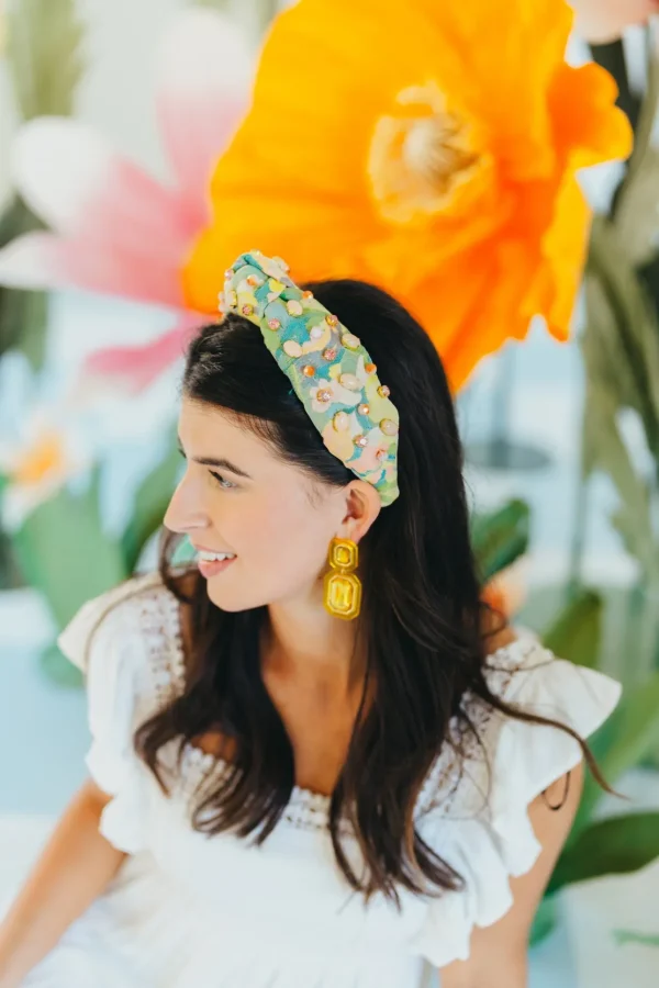 Adult Size Peach & Green Floral Headband With Cabochons & Crystals-Brianna Cannon Best