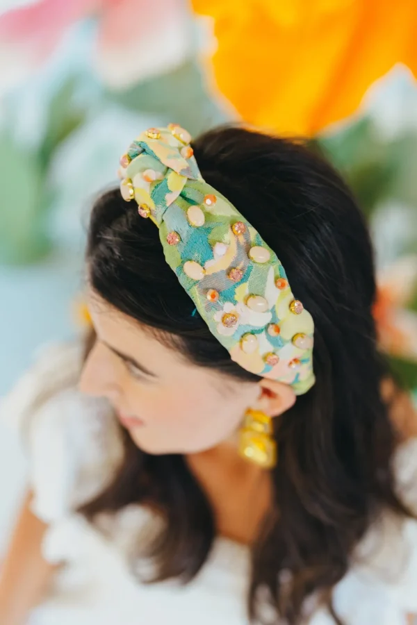 Adult Size Peach & Green Floral Headband With Cabochons & Crystals-Brianna Cannon Best