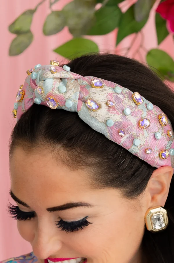 Adult Size Pink & Blue Brocade Headband with Crystals & Stones-Brianna Cannon Fashion