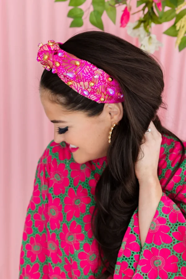 Adult Size Pink & Gold Floral Headband with Gold Beads & Pink Crystals-Brianna Cannon Sale