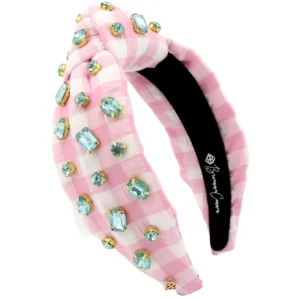 Adult Size Pink Gingham Headband with Robin Egg Blue Rhinestones-Brianna Cannon Clearance