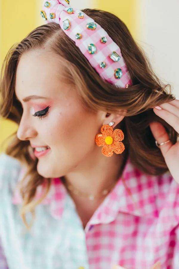Adult Size Pink Gingham Headband with Robin Egg Blue Rhinestones-Brianna Cannon Clearance