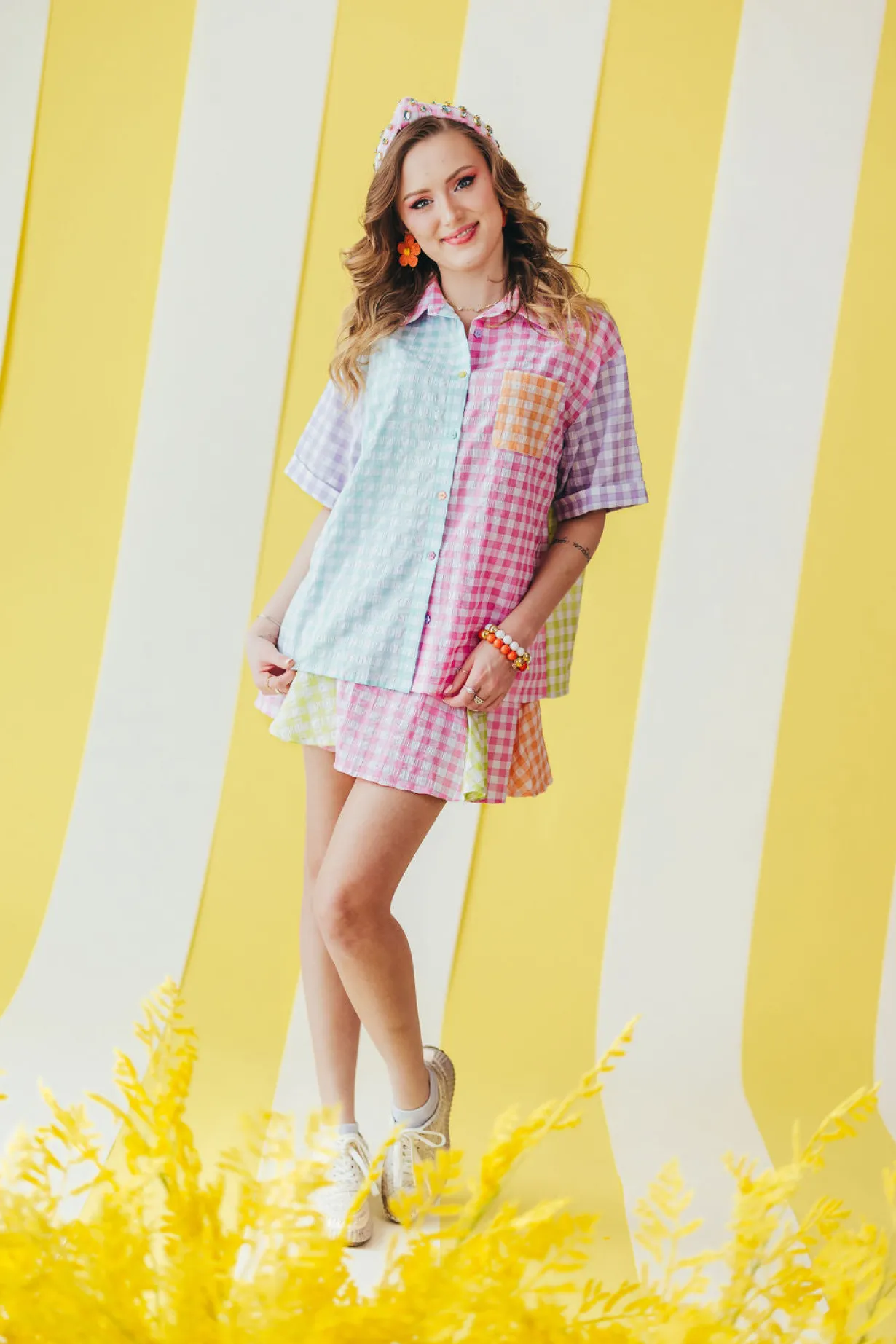 adult_size_pink_gingham_h_5.webp Adult Size Pink Gingham Headband with Robin Egg Blue Rhinestones-Brianna Cannon Clearance