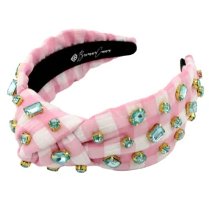 Adult Size Pink Gingham Headband with Robin Egg Blue Rhinestones-Brianna Cannon Clearance