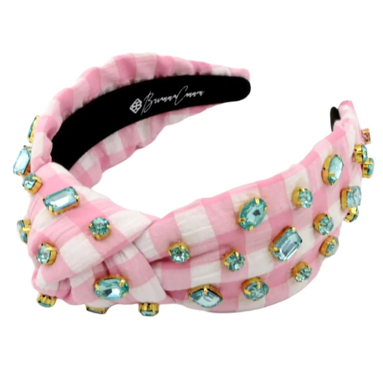 adult_size_pink_gingham_h_6.webp Adult Size Pink Gingham Headband with Robin Egg Blue Rhinestones-Brianna Cannon Clearance