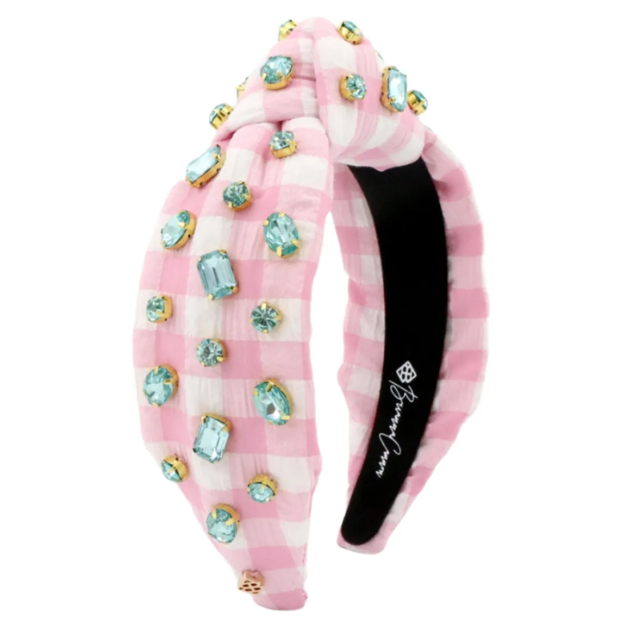 adult_size_pink_gingham_h_7.webp Adult Size Pink Gingham Headband with Robin Egg Blue Rhinestones-Brianna Cannon Clearance
