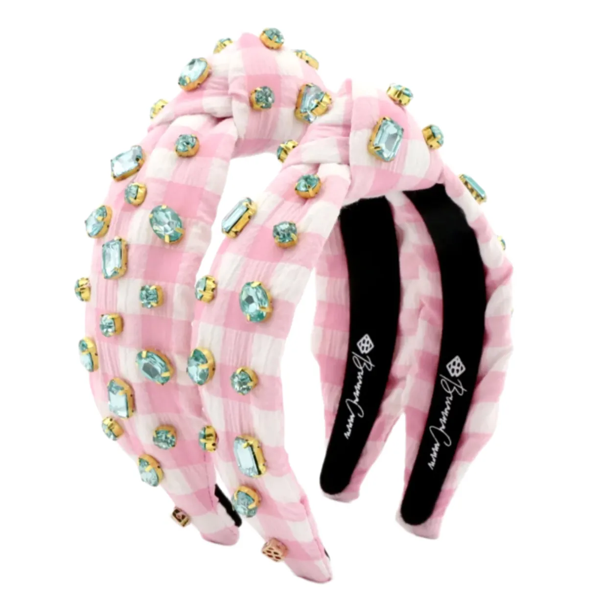 adult_size_pink_gingham_h_8.webp Adult Size Pink Gingham Headband with Robin Egg Blue Rhinestones-Brianna Cannon Clearance