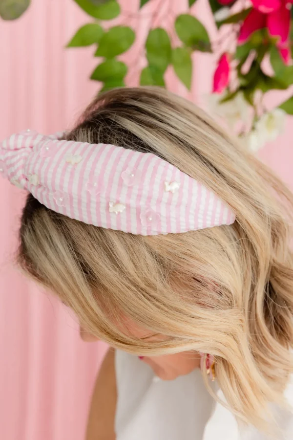 Adult Size Pink Seersucker Headband with Mother of Pearl Bunnies-Brianna Cannon New