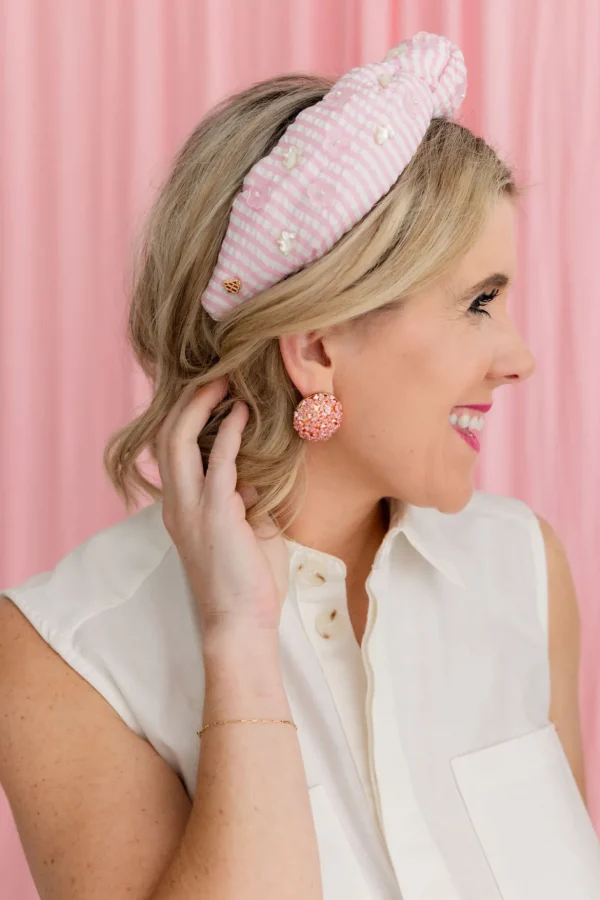 Adult Size Pink Seersucker Headband with Mother of Pearl Bunnies-Brianna Cannon New