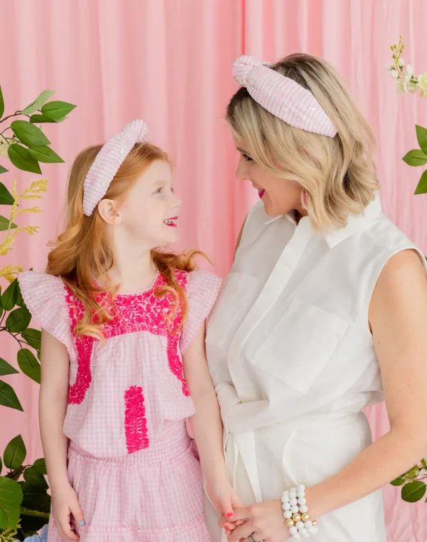 Adult Size Pink Seersucker Headband with Mother of Pearl Bunnies-Brianna Cannon New