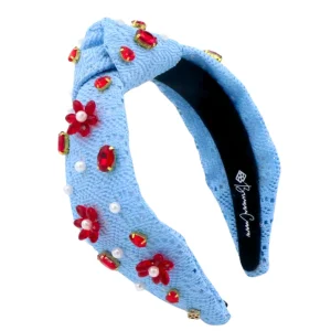 Adult Size Powder Blue Crochet Headband With Red Flowers & Pearls-Brianna Cannon Online