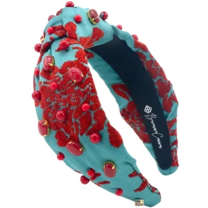 Adult Size Teal Headband With Red Floral Embroidery and Stones-Brianna Cannon Hot