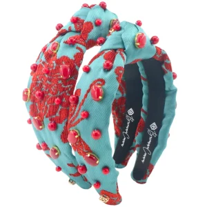 Adult Size Teal Headband With Red Floral Embroidery and Stones-Brianna Cannon Hot