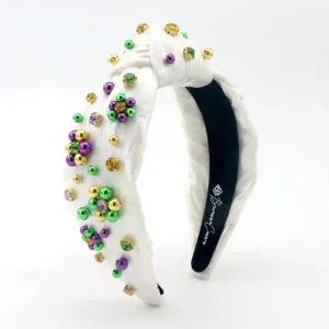 Adult Size White Shimmer Mardi Gras Headband with Beads & Crystals-Brianna Cannon Sale