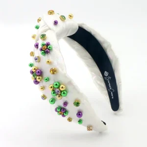 Adult Size White Shimmer Mardi Gras Headband with Beads & Crystals-Brianna Cannon Sale