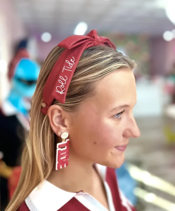 Alabama Crimson Thin Embroidered Ribbon Bow Headband-Brianna Cannon Outlet