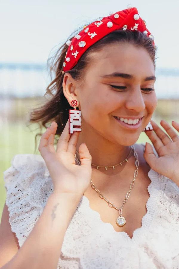 Alabama White & Crimson Glitter ROLL TIDE Earrings-Brianna Cannon Fashion