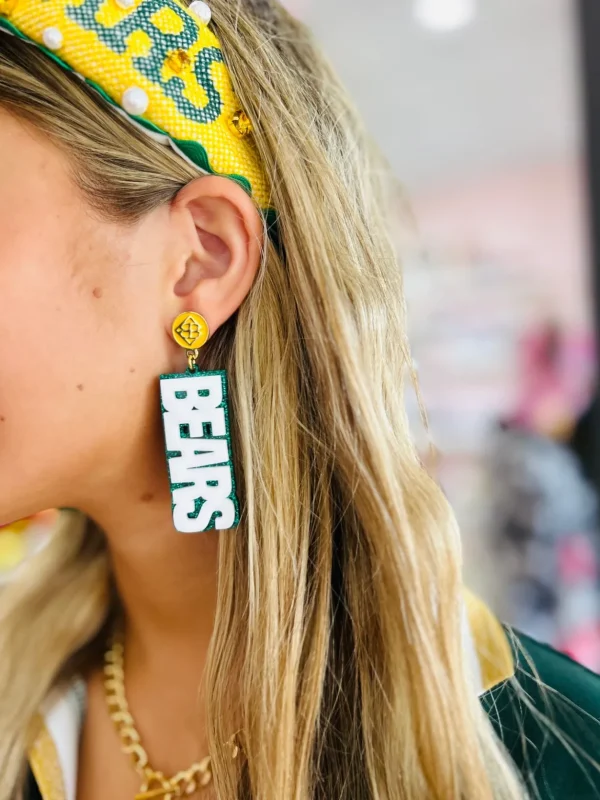 Baylor White and Green Glitter Sic'Em Bears Earrings-Brianna Cannon New