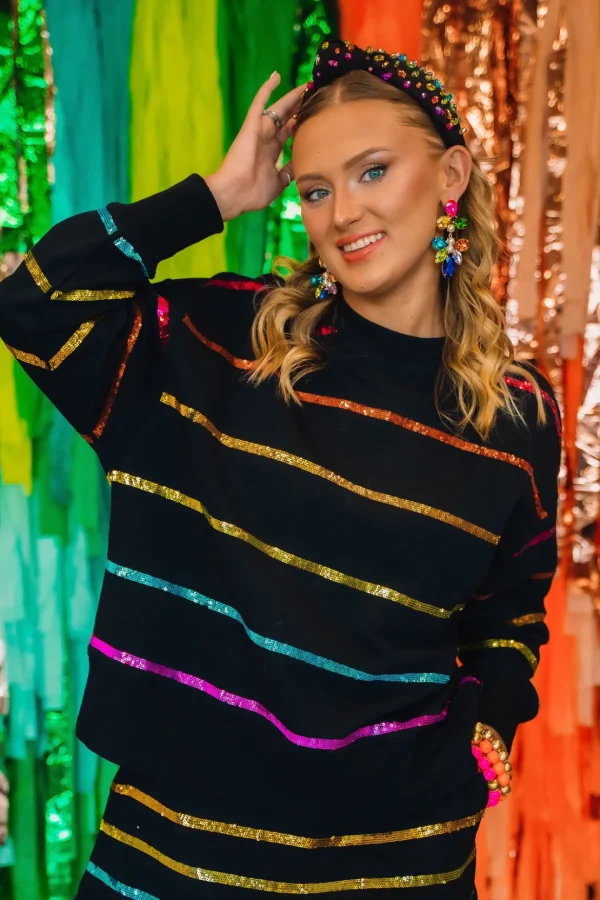 BC Black Rainbow Sequin Stripe Sweatshirt-Brianna Cannon Outlet