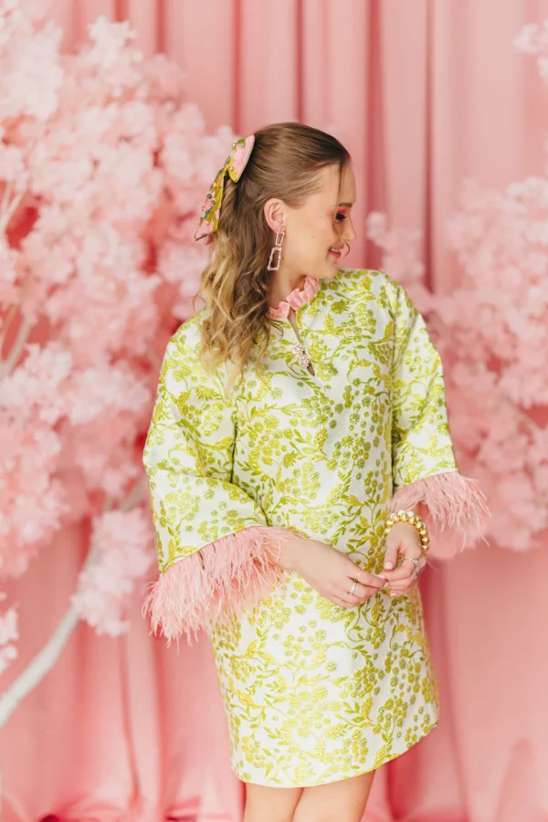 BC Caftan - Chartreuse and Blush with Feathers PRE-ORDER (Est. Ship 3/18)-Brianna Cannon Sale
