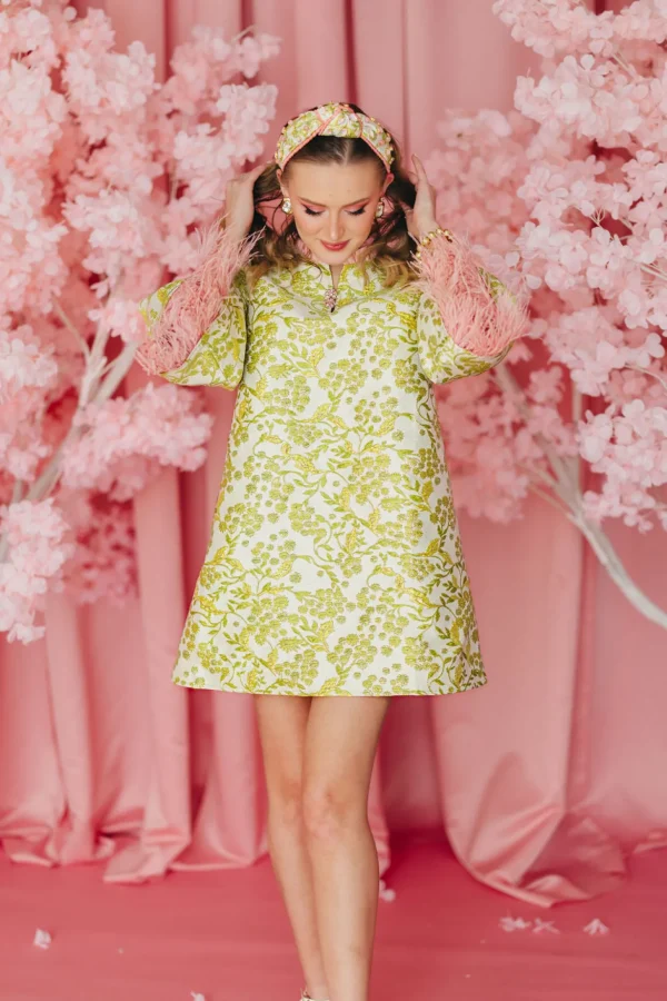 BC Caftan - Chartreuse and Blush with Feathers PRE-ORDER (Est. Ship 3/18)-Brianna Cannon Sale