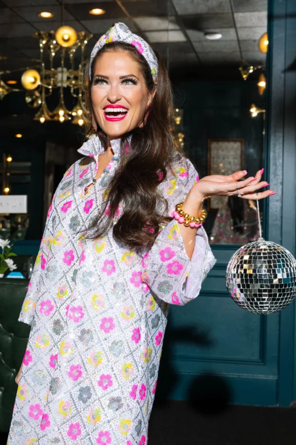 BC Caftan - Iridescent Silver Sequins with Bright Flowers-Brianna Cannon Sale