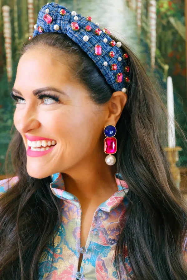 BC x Stylin Brunette - Blue Tweed Headband with Hot Pink Crystals & Pearls-Brianna Cannon Discount