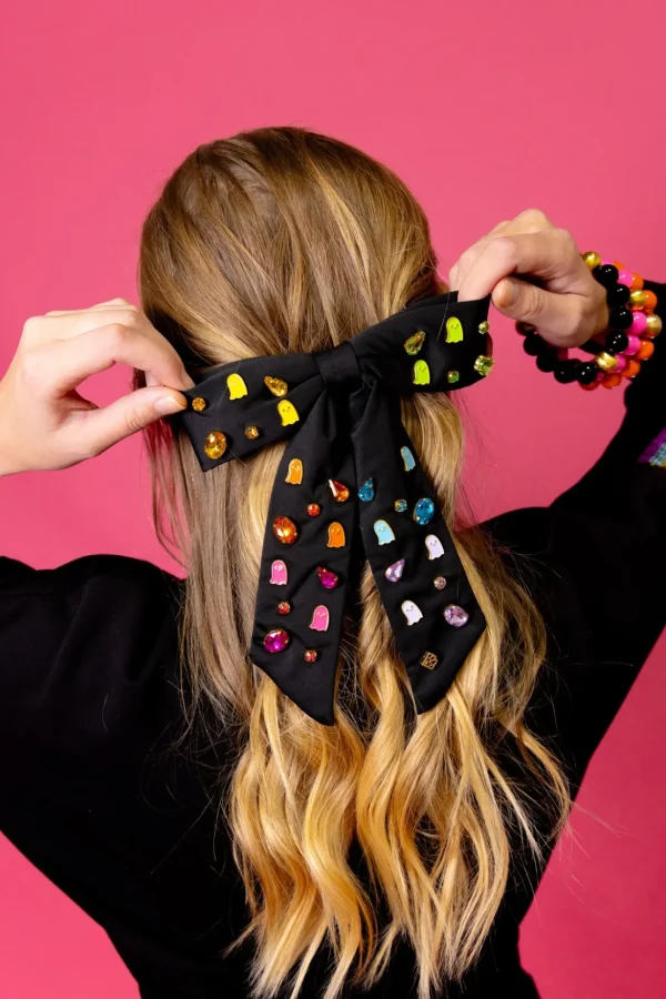 Black Bow Barrette With Neon Ghosts & Crystals-Brianna Cannon New