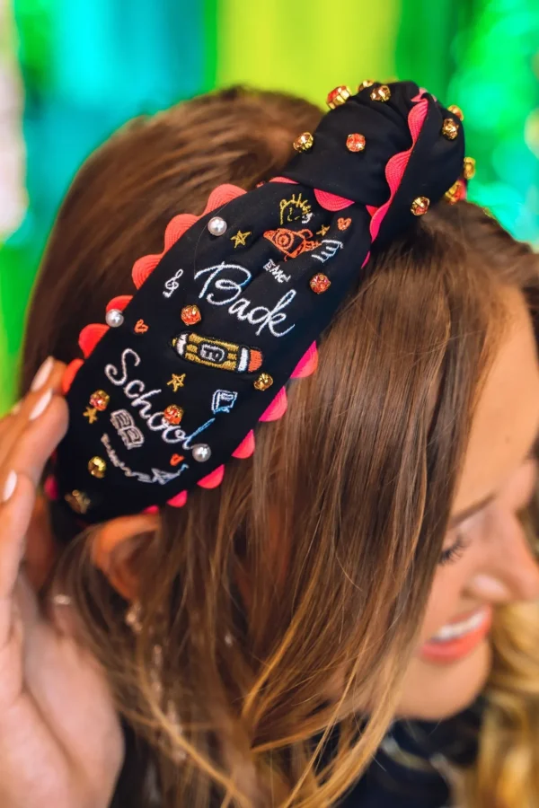 Black Embroidered Back to School Headband with Crystals-Brianna Cannon Outlet