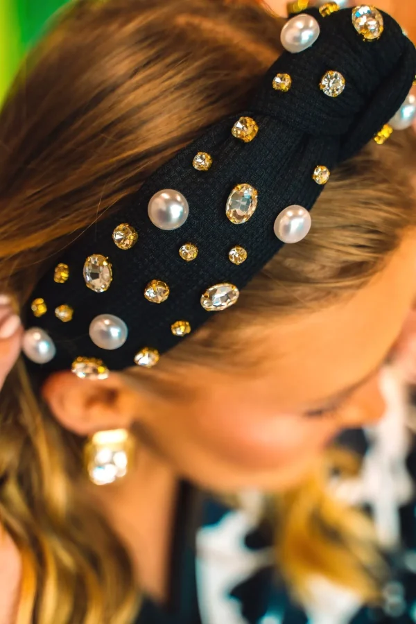 Black Twill Headband with Large Pearls and Crystals-Brianna Cannon Online