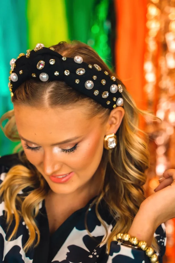 Black Twill Headband with Large Pearls and Crystals-Brianna Cannon Online