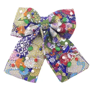 Blue & Gold Floral Silk Bow Barrette with Cabochons & Crystals-Brianna Cannon Best