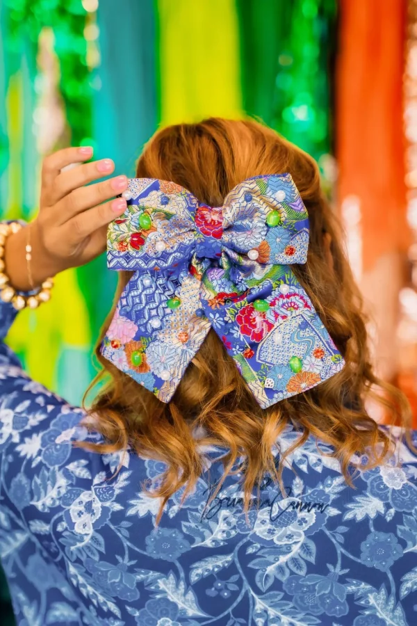 Blue & Gold Floral Silk Bow Barrette with Cabochons & Crystals-Brianna Cannon Best