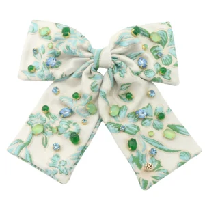 Blue & Green Floral Barrette Bow With Cabochons & Crystals-Brianna Cannon Online