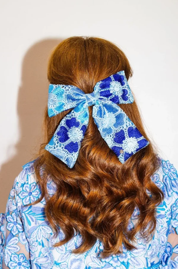 Blue Mosaic Lace Flowers Bow Barrette-Brianna Cannon Fashion