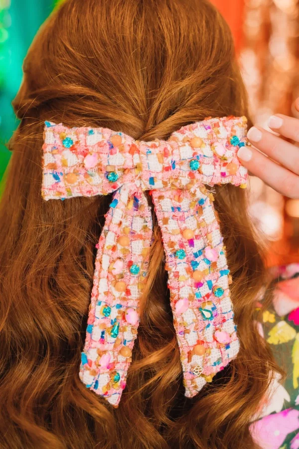 Bubblegum Tweed Bow Barrette With Crystals-Brianna Cannon Sale