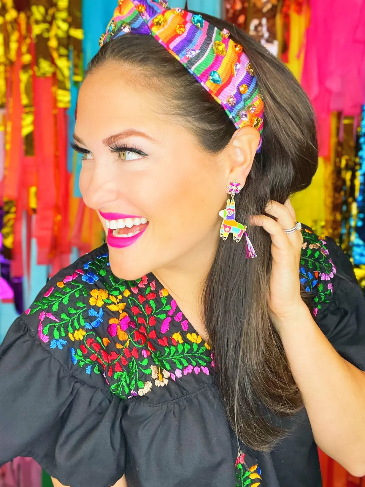 burro_piata_earrings_with_3.webp Burro Piñata Earrings with Metallic Tassel Tail-Brianna Cannon New
