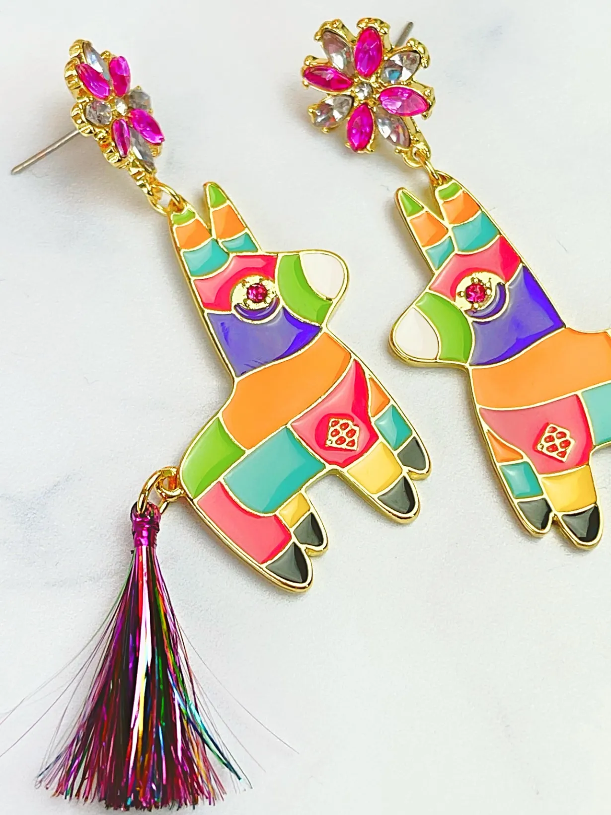 burro_piata_earrings_with_5.webp Burro Piñata Earrings with Metallic Tassel Tail-Brianna Cannon New